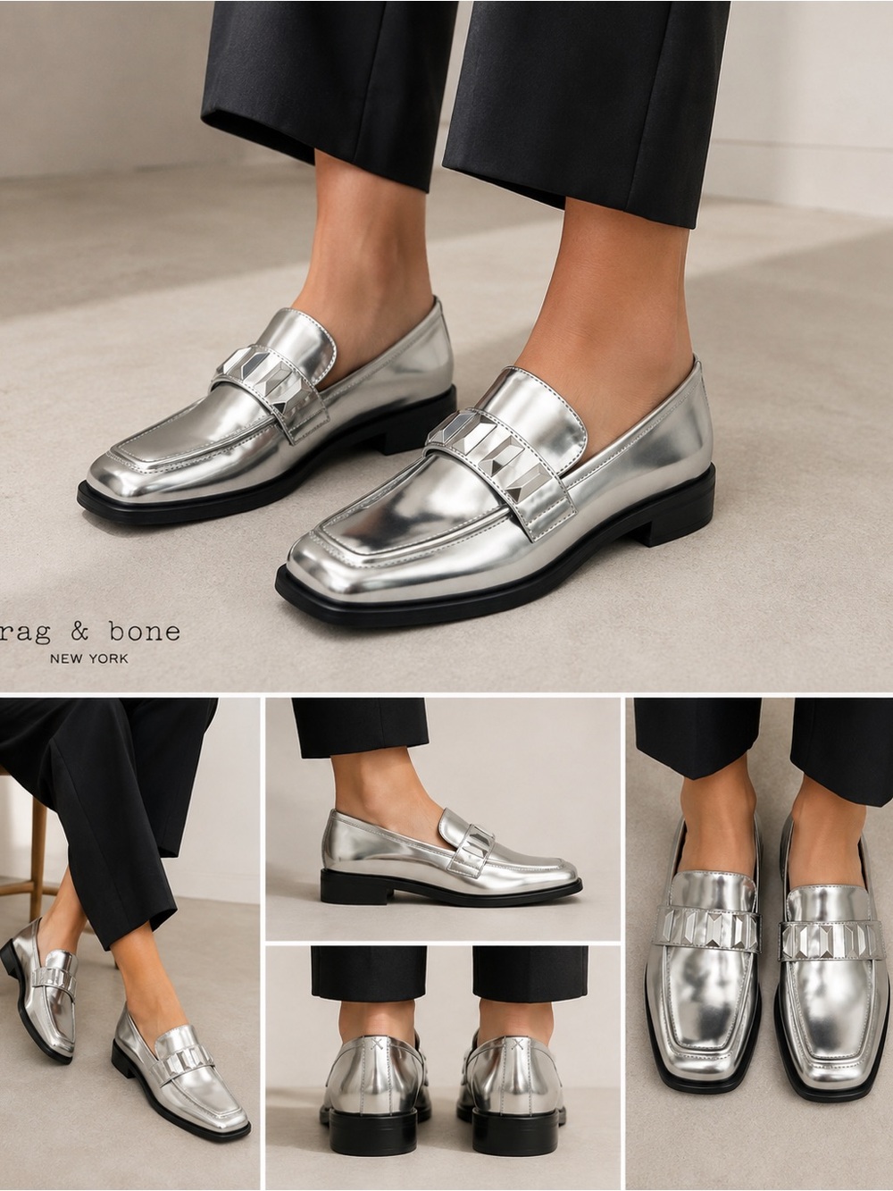Rag & Bone Maxwell Metallic Silver Studded Square Toe Loafers